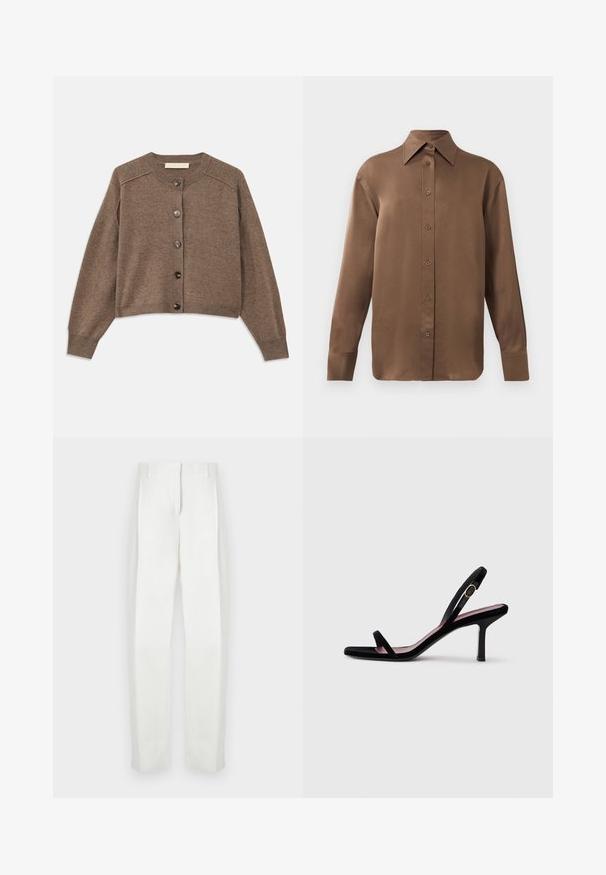 Cardigan en tricot marron avec des manches longues, des poignets côtelés et une fermeture à boutons sur le devant. Il présente un col rond et un ourlet légèrement court.; Chemise marron à manches longues avec un col et des poignets pointus, présentée sur un fond blanc uni.; Paul Smith Pantalon classique - white; Une sandale à talons hauts pour femmes en daim noir avec des lanières fines et une boucle dorée sur fond blanc, vue de côté.