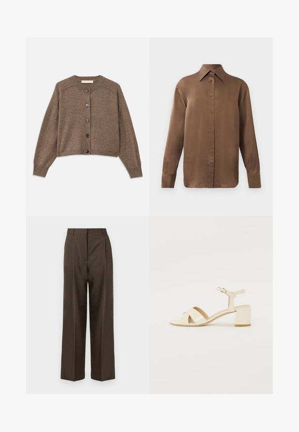 Bruine gebreide cardigan met lange mouwen, geribbelde manchetten en een sluiting met knopen aan de voorkant. Heeft een ronde hals en een iets verkorte zoom.; Bruine overhemd met lange mouwen en knopen, voorzien van een spitse kraag en manchetten, op een eenvoudige witte achtergrond weergegeven.; Bruine wijde broek met een gladde textuur, voorzien van een hoge taille, plooien aan de voorkant en een tailored ontwerp. Geen zichtbare zakken of versieringen.; Beige gepolijst lederen sandalen met hakken, voorzien van een kruisbandontwerp, open teen, verstelbare enkelband en een blokhak. Gladde textuur.