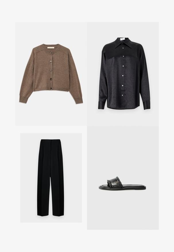 Brūns adīts džemperis ar garām piedurknēm, ribota apkakle un priekšējā pogu aizdare. Iespējo apaļu kaklu un nedaudz īsāku apakšmalu.; Melnas garām piedurknēm krekls ar apdari, kas piedāvā samocītu tekstūru, pilnu pogu priekšpusi un aproces. Izgatavots no gludas auduma.; Melni plati bikses ar augstu jostasvietu, kas papildinātas ar pudiem un gludu tekstūru. Audums izskatās viegls un eleganti krīt.; Melnas ādas sandalītes ar austiem siksnu elementiem, plakana zole un elegants dizains. Gluda tekstūra un minimālistisks profils.