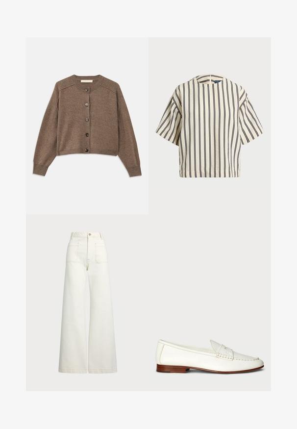 Brown knitted cardigan with long sleeves, ribbed cuffs, and front button closure. Features a round neck and a slightly cropped hem.; Short-sleeve, striped top in cream and navy, featuring a round neckline and boxy design with a textured fabric.; Wide-leg jeans in off-white denim. High-waisted design with a button closure, two front pockets, and contrast stitching details.; White leather loafers with a textured finish, rounded toe, and woven accent. Low wooden heel and minimalist design.