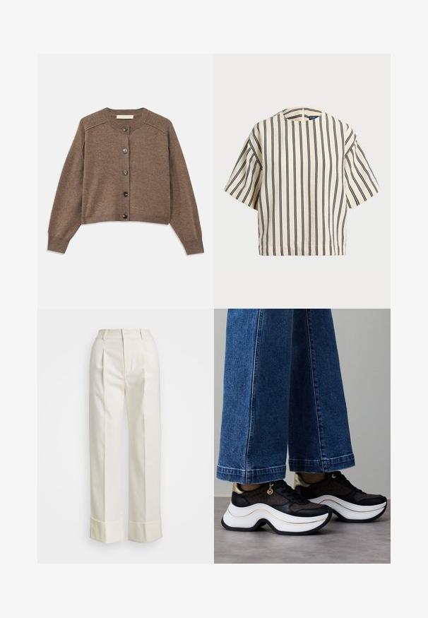 Brauner Strickcardigan mit langen Ärmeln, gerippten Bündchen und vorderem Knopfverschluss. Verfügt über einen Rundhalsausschnitt und einen leicht verkürzten Saum.; Kurzärmliges, gestreiftes Oberteil in Creme und Marineblau, mit rundem Halsausschnitt und kastiger Form aus strukturiertem Stoff.; Weiße maßgeschneiderte Hose mit hoher Taille, doppelten Vorderfalten und weiten Beinen mit umgeschlagenen Säumen. Hergestellt aus einem glatten, strukturierten Stoff.; Schwarze und goldene Turnschuhe mit einer gewellten weißen Sohle. Texturiertes Gewebe mit Logo-Akzenten. Kombiniert mit weiten blauen Jeanshosen.