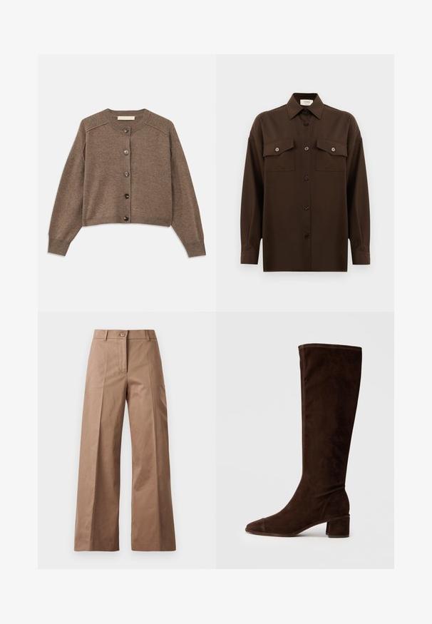 Hnědý pletený cardigan s dlouhými rukávy, žebrovanými manžetami a předním zapínáním na knoflíky. Obsahuje kulatý výstřih a mírně zkrácený lem.; Tmavě hnědá košile s dlouhým rukávem a knoflíky, se dvěma kapsami na hrudi a klasickým límečkem, vystavená na čistém bílém pozadí.; Hnědé kalhoty s širokými nohavicemi vyrobené z hladké tkaniny, s předním zapínáním na knoflík, dvěma předními kapsami a čistými, dobře střiženými liniemi.; Hnědé semišové vysoké boty po kolena s špicatou špičkou a masivním podpatkem. Má elegantní, hladký povrch a minimální švy.