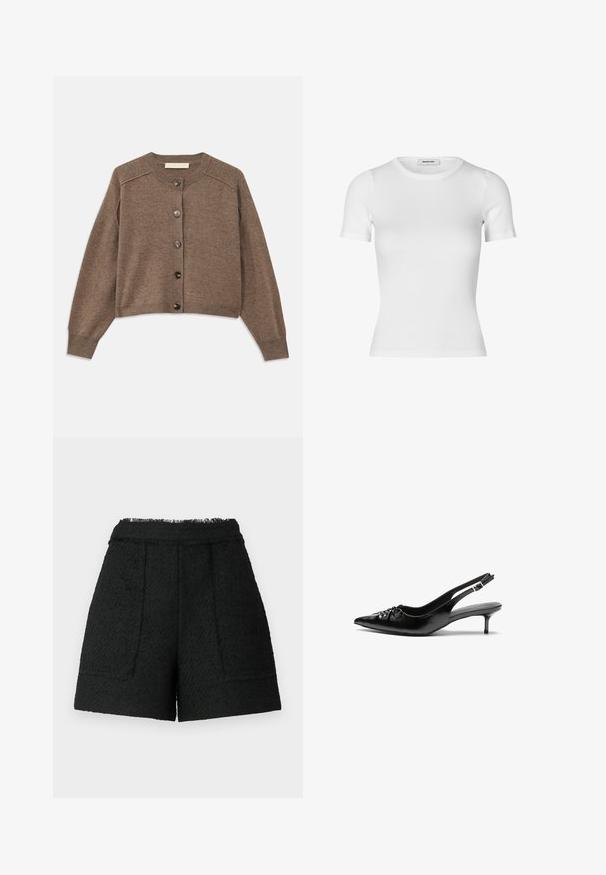 Brauner Strickcardigan mit langen Ärmeln, gerippten Bündchen und vorderem Knopfverschluss. Verfügt über einen Rundhalsausschnitt und einen leicht verkürzten Saum.; Weißes T-Shirt mit kurzen Ärmeln aus geripptem Baumwollstoff. Figurbetontes Design mit runder Ausschnitt und glatter Textur. Keine Muster oder Verzierungen.; Schwarze Shorts aus strukturiertem Stoff mit fransigem Saum, ausgestattet mit zwei Fronttaschen und einem maßgeschneiderten Schnitt.; Schwarze Leder-Slingback-Absätze mit einer spitzen Zehenform, kleinen Kitten-Absätzen und einem dekorativen Knoten-Detail auf der Vorderseite. Glatte Textur über die gesamte Fläche.