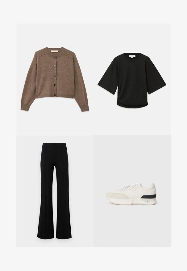 Brown knitted cardigan with long sleeves, ribbed cuffs, and front button closure. Features a round neck and a slightly cropped hem.; Black short-sleeve t-shirt made of soft cotton, featuring a round neckline and a relaxed fit with a subtle gathered detail at the side.; Black flared pants with a high waist, made of stretchy fabric. Features vertical seam details on the front and a smooth texture.; White sneaker featuring a textured suede toe cap, smooth mesh upper, decorative laces, and a black rubber heel accent.