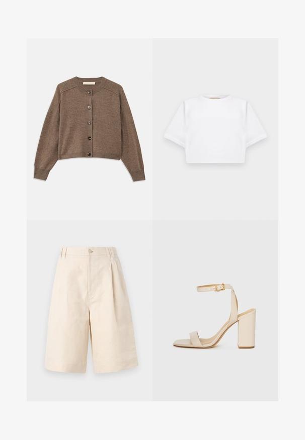 Brun strikket cardigan med lange ærmer, ribbede manchetter og lukkes med knapper foran. Har en rund halsudskæring og en let kortet nederste kant.; KFrakelse hvid t-shirt lavet af blødt stof, med korte ærmer, rund halsudskæring og ribbede nederste detaljer. Enkel og udekoreret design.; Beige linned shorts med en afslappet pasform, med knaplukning, plisseret design og knælang længde. Glat tekstur og enkel stil.; Beige højhælede sandaler med firkantet tå, tynd ankelrem og blokhæl. Glat lædertekstur med detalje i guldspænde.
