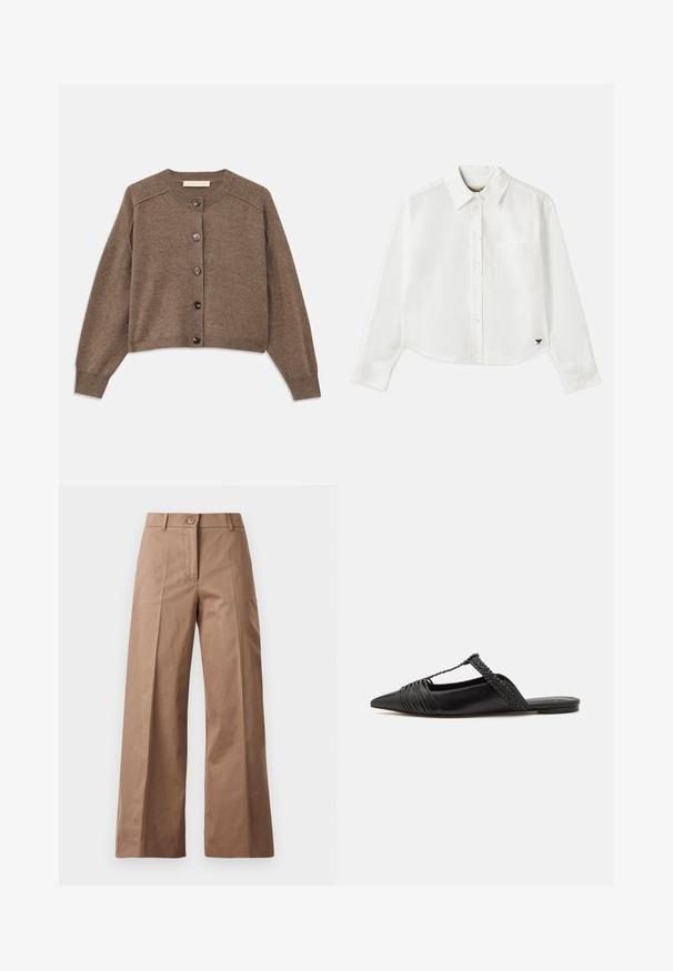 Brauner Strickcardigan mit langen Ärmeln, gerippten Bündchen und vorderem Knopfverschluss. Verfügt über einen Rundhalsausschnitt und einen leicht verkürzten Saum.; Weißes, kurzes Langarmhemd aus Baumwolle. Verfügt über eine durchgehende Knopfleiste, eine Brusttasche und ein kleines schwarzes Logo unten links.; Braune weite Hose aus einem glatten Stoff, mit einem Knopfverschluss vorne, zwei Fronttaschen und klaren, maßgeschneiderten Linien.; Schwarzer Leder-Slingback-Schuh mit spitzem Zehenbereich, ausgestattet mit einem geflochtenen Akzent und einem gefalteten Oberdesign. Flache Sohle mit minimalem Zubehör.