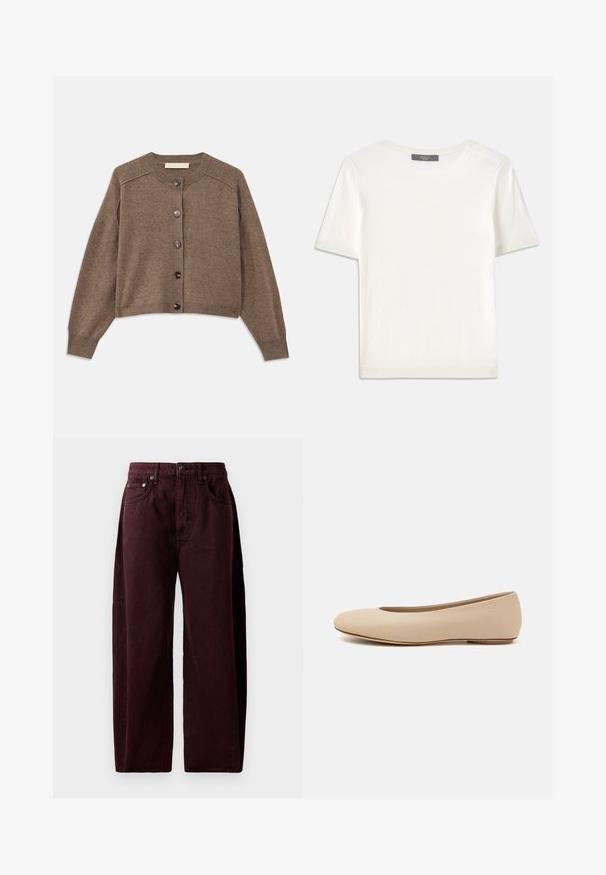 Hnedý pletený kardigan s dlhými rukávmi, rebrovanými manžetami a predným zapínaním na gombíky. Má okrúhly výstrih a mierne skrátený lem.; Biele krátke rukávy pletené tričko s okrúhlym výstrihom, ktoré má jemnú textúru a nenápadné rebrované detaily na rukávoch a leme.; Burgundské nohavice s širokými nohavicami vyrobené z bavlneného denimu, s vysokým pásom, prednými vreckami a viditeľným šitím. Klasický dizajn s piatimi vreckami.; Béžové kožené baleríny s okrúhlym prstom, minimálnym švom, nízkym podpätkom a diskrétnym logom na zadnej strane. Hladká, matná textura.