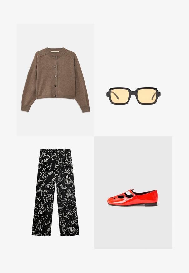 Brun stickad cardigan med långa ärmar, ribbade muddarna och knappstängning fram. Har en rund hals och en något kortad nederkant.; Svart ärmlös crop top i mjukt tyg, med rund hals och en ren, enkel design utan mönster eller detaljer.; Svarta vida byxor med ett vitt blommönster och spiraldesign, tillverkade av ett mjukt tyg med en strukturerad midjeband och knäppning.; Röda lackläderskor med platt sula som har två remmar och utskärningar vid tån. Låg, solid svart klack. Slät yta.; Svarta rektangulära solglasögon med gula linser, lättviktsram och distinkta trubbiga kanter på stängerna. Slät, glänsande yta.; Vit silkscarf med ett upprepande svart geometriskt mönster, kantad med en solid svart kant. Lättviktig med en slät textur.