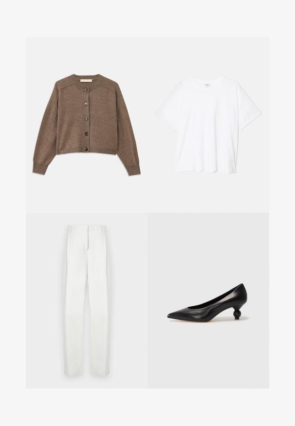 Cardigan marrone lavorato a maglia con maniche lunghe, polsini a coste e chiusura frontale a bottoni. Presenta un collo rotondo e un orlo leggermente accorciato.; T-shirt bianco in cotone con maniche corte, scollo rotondo, vestibilità comoda e orlo cucito. Etichetta visibile all'interno del colletto.; Paul Smith Pantaloni - white; Scarpa con tacco alto in pelle nera, con punta affilata e tacco arrotondato e bombato. Texture liscia con un design elegante e minimalista.