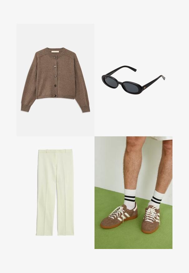 Brown knitted cardigan with long sleeves, ribbed cuffs, and front button closure. Features a round neck and a slightly cropped hem.; White sleeveless tank top with a round neckline, made of ribbed material; simple design with no patterns or embellishments.; Cream-colored tailored trousers with a straight-leg design, featuring a flat front, belt loops, and a smooth texture.; Brown suede sneakers with white accents and laces. Rubber gum sole. Worn with white socks featuring black stripes. Green textured flooring.; Black oversized sunglasses with oval lenses, smooth plastic frame, and gold accents on temple. Dark lenses provide sun protection.