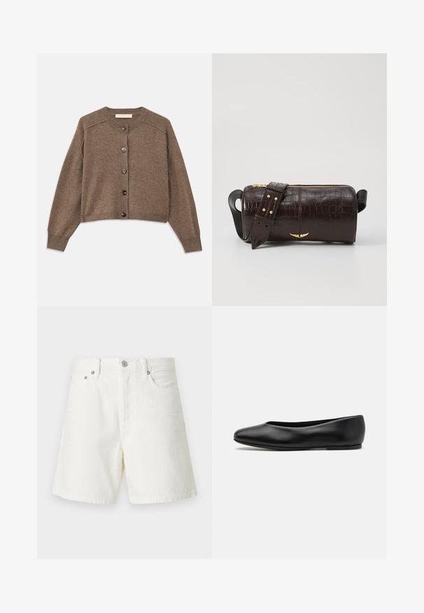 Brun stickad cardigan med långa ärmar, ribbade muddarna och knappstängning fram. Har en rund hals och en något kortad nederkant.; Långärmad, ljusbeige topp med rund halsringning. Tillverkad i mjukt material, har en central söm och något rundad nederkant. Inga synliga detaljer.; Vita denimshorts med rak skärning, femficksdesign, framknäppning, silverfärgad hårdvara och sydda detaljer.; Paul Smith TOPANGA - Ballerinaskor - black; Brun kroko präglat läderväska med cylindrisk form, guldfärgad hårdvara och ett avtagbart band med nitar.