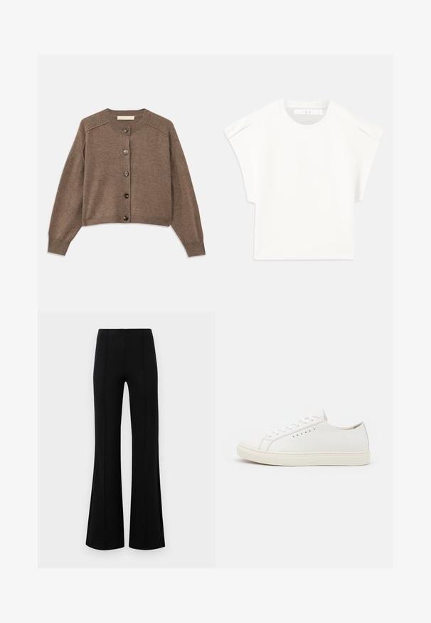 Brūns adīts džemperis ar garām piedurknēm, ribota apkakle un priekšējā pogu aizdare. Iespējo apaļu kaklu un nedaudz īsāku apakšmalu.; Balta kaste formas T-kreklā ar īsām piedurknēm. Izgatavots no gluda auduma, ar apaļu izgriezumu un nelieliem plecu akcentiem. Vienkāršs dizains.; Melnas platas bikses ar augsto jostasvietu, izgatavotas no elastīga auduma. Satur vertikālas šuvju detaļas priekšpusē un gludu tekstūru.; Baltas ādas kedas ar gludu virsmu, apaļu purngalu, minimālām acīm un plakanu gumijas zoli. Vienkāršs dizains bez papildu akcentiem.