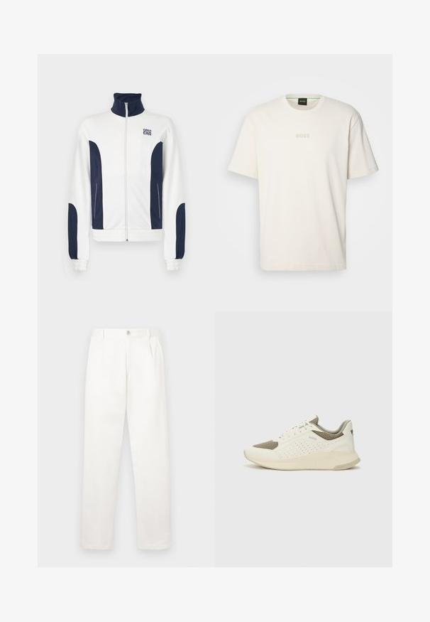 Hvit zip-up jakke med marineblå detaljer på sidene og ermene. Ståkrage, elastiske mansjetter og logo på brystet. Glatt stoff.; BOSS TEE - T-shirts - open white; Hvite bukser laget av glatt stoff, med rett ben-design, frontfolder og en enkelt knappelukking i livet.; Hvit og lysebeige treningssko, med en mesh-overdel, perforerte detaljer og en teksturert mellomsåle med merkevare på hælen.