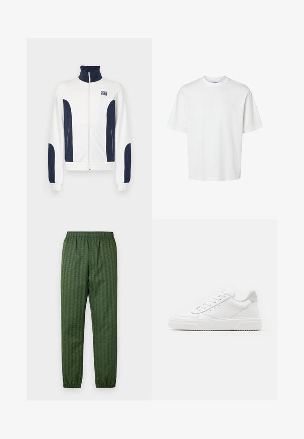 Biela mikina na zips s námořníkovými modrými akcentmi na stranách a rukávoch. Stojatý golier, elastické manžety a logo na hrudi. Hladká tkanina.; Biele bavlnené tričko s krátkymi rukávmi, okrúhlym výstrihom a voľným strihom. Hladká textura bez viditeľných vzorov alebo akcentov.; Zelené športové nohavice s elastickým pásom, zúženými nohavicami a celoplošným geometrickým vzorom. Vyrobené z ľahkého materiálu.; Biele kožené tenisky s hladkým povrchom, zaoblenou špičkou, plochými šnúrkami a textúrovanou podrážkou. Sivý semišový akcent na päte.