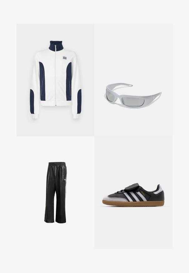 Fehér cipzáros dzseki térben kék akcentusokkal az oldalán és az ujjakon. Álló gallér, elasztikus mandzsetták, és logó a mellkasán. Sima anyag.; Fehér pamut póló rövid ujjakkal, kerek nyakkivágással és laza szabással. Simább textúra, látható minták vagy kiegészítők nélkül.; Fekete szintetikus tréningnadrág elasztikus derékkal, fehér oldalcsíkokkal és egy kis fehér logóval a bal csípőn.; Fekete bőr és szürke velúr sneaker, fehér csíkokkal, gumitalppal, fűzős elülső résszel és tépőzáras pánttal. Az „Samba” felirat aranyszínű mintázattal is rendelkezik.; Sötét, szürke műanyag kerettel, ívelt kialakítással és szürke színű lencsékkel ellátott napszemüveg. Az egyik szárán logó kiemelés található.