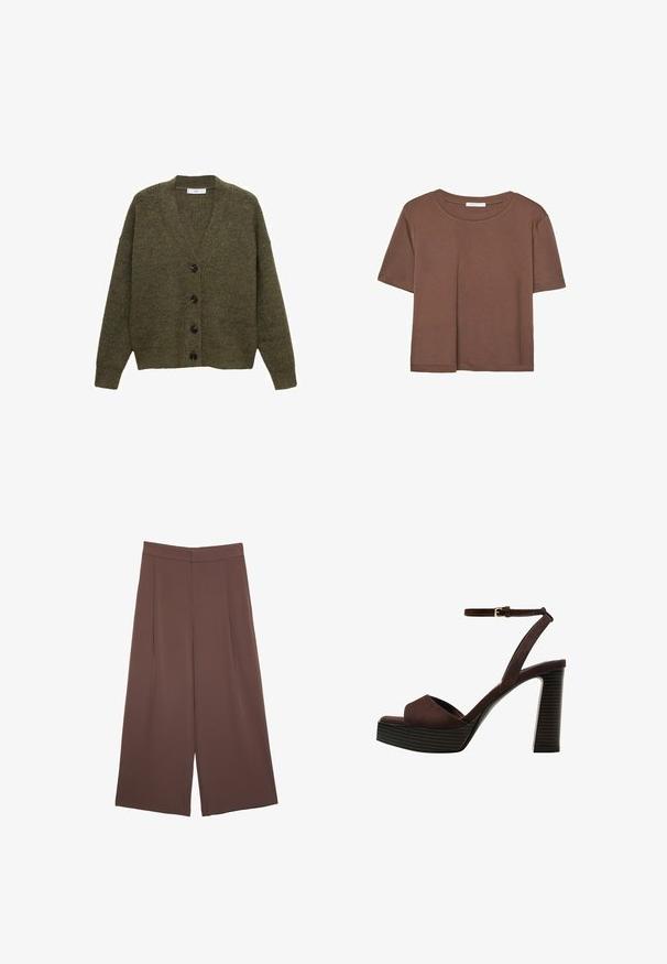 Olivově zelený pletený cardigan s výstřihem do V, dlouhými rukávy a šesti černými knoflíky vpředu. Texturovaný, volnější střih.; Hnědé tričko s krátkým rukávem vyrobené z měkké látky, s kulatým výstřihem a volným střihem. Bez viditelných vzorů nebo dekorací.; Hnědé široké kalhoty s hladkou texturou, vysokým pasem a předními záhyby. Materiál je lehký a volně splývá.; Hnědé semišové sandály na vysokém podpatku s otevřenou špičkou, nastavitelným páskem kolem kotníku a proužkovou platformou.