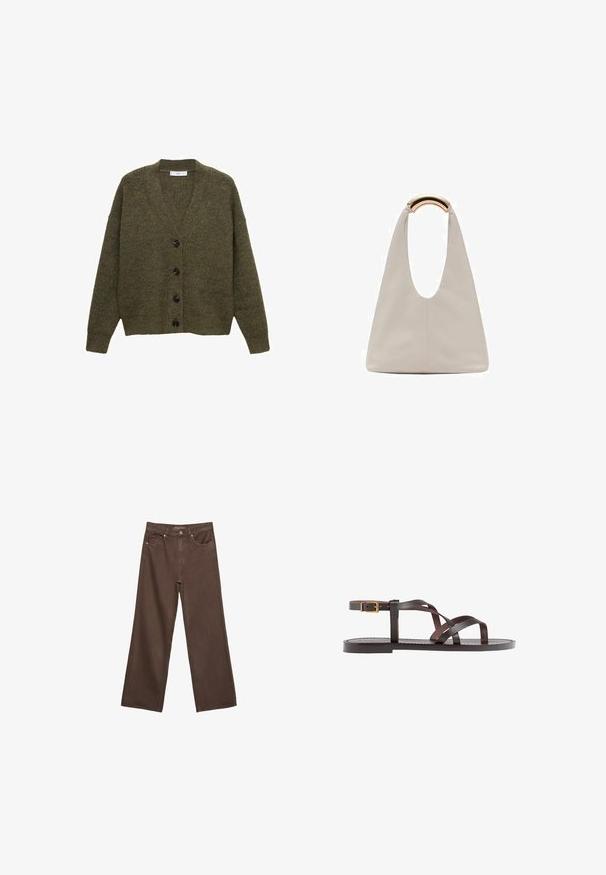 Olivno zeleni pleteni kardigan z V-izrezom, dolgimi rokavi in šestimi črnimi gumbi spredaj. Teksturovan, sproščen kroj.; Rjava kratka majica s kratkimi rokavi iz mehkega materiala, s krožnim izrezom in ohlapnim krojem. Brez vidnih vzorcev ali dodatkov.; Široke rjave kavbojke iz denima, ki imajo visok pas, sprednje žepe in klasično zapiranje na gumb. Gladka tekstura s subtilnim šivom.; Rjav usnjen sandal z načinom prečnega črta, zaklepom okoli gležnja in ravnim podplatom z minimalnimi šivi.; Svetlo siva usnjena torba z U-oblika zasnovo in ukrivljenim kovinskim ročajem. Gladka tekstura z minimalnim šivom in brez vidnih vzorcev.