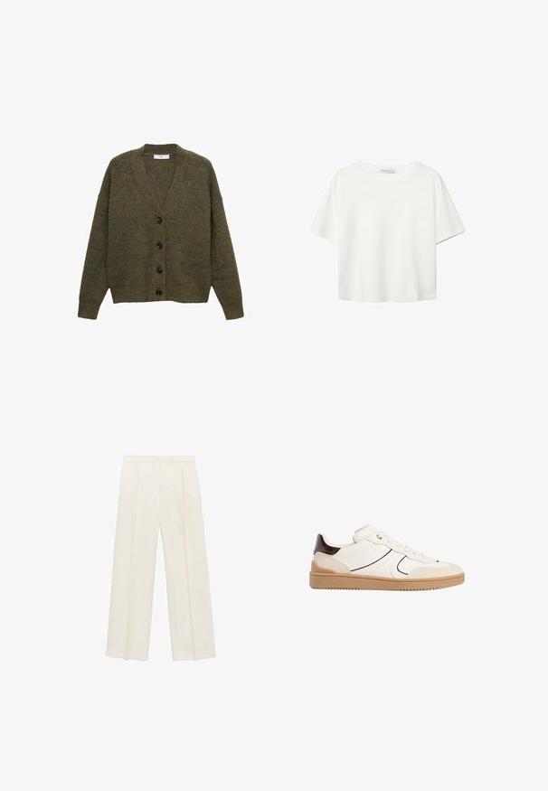 Maslinasto zelena pletena kardigan s V-izrezom, dugim rukavima i šest crnih dugmadi sprijeda. Teksturiran, ležeran kroj.; Bijela majica kratkih rukava od pamuka. Ima okrugli izrez i opušteni kroj. Glatka tekstura bez vidljivih uzoraka ili naglasaka.; Hlače širokog kroja u svijetloj krem boji. Izrađene su od glatkog materijala s plisama sprijeda i bočnim džepovima.; Stradivarius Tenisice - white