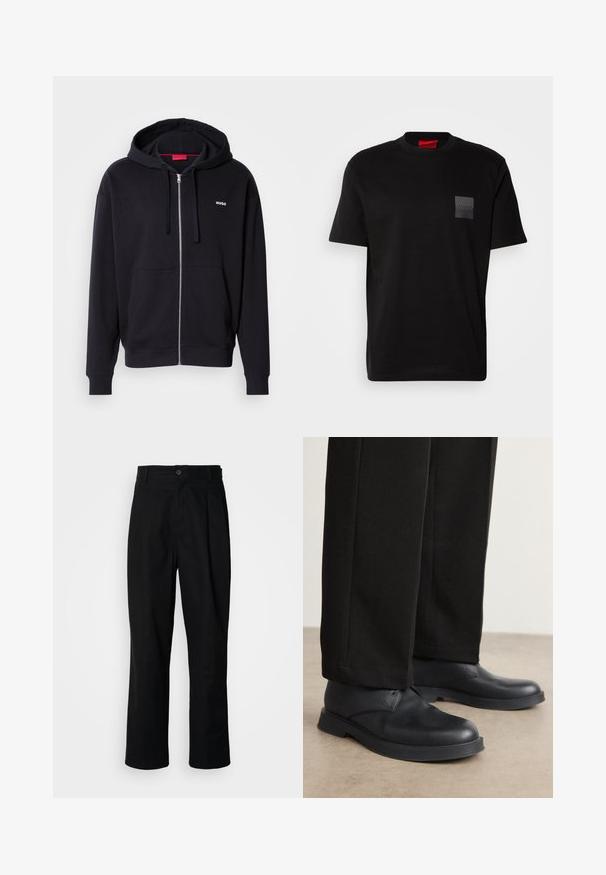 Melns zipsveidīgs džemperis no mīksta auduma, ar pievelkamām kapucēm, priekšējām kabatām un baltu "HUGO" logo kreisajā krūtīs.; Melnas kokvilnas T-kreklu ar apaļu kakla izgriezumu, ar strukturētu melnu uzšuvi ar logotipu kreisajā krūtī. Īsās piedurknes un brīvs piegriezums.; Melni taisni bikses ar pogu, jostu cilpiņām un priekšējo krokām, izliktas uz vienkārša balta fona.; Melni ādas apavi ar noapaļotu purngalu, platu zoli un minimālu apdari. Apvienoti ar pielāgotiem melniem biksēm, kas rāda gludu faktūru.