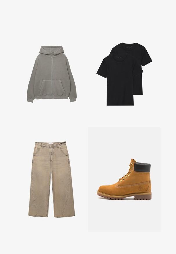 Siva dukserica na zatvaranje s velikom kapuljačom, oversized kroj, kenguru džepovi i rebraasti manžeti i rub. Mekana, gusta tkanina s minimalnim šavovima.; Dvoje crnih pamučnih majica s kratkim rukavima, okruglim izrezom i glatkom teksturom, prikazanih n stacked. ; PULL&BEAR MEGA BAGGY - Vrećaste traperice - light grey; Antracitne antilop čizme do gležnjeva s crnim podstavljenim ovratnikom, zlatnim metalnim rupicama, bijelim šavovima i robusnom gumenom potplatom s izraženim šarama.