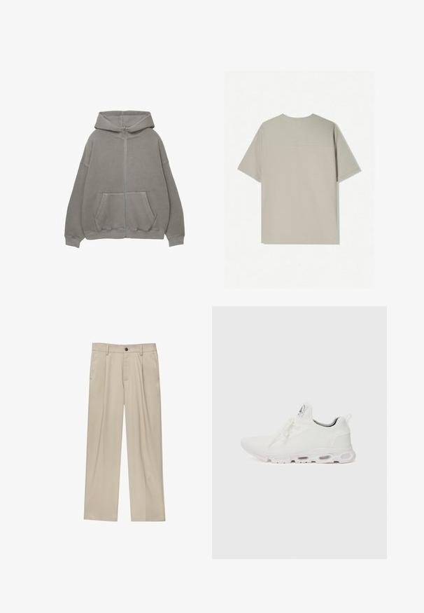 Šedá mikina na zips s veľkou kapucňou, nadmerným strihom, klokankovými vreckami a rebrovanými manžetami a lemom. Mäkká, hrubá tkanina s minimálnymi švom.; Bežové bavlnené tričko s krátkymi rukávmi. Má jednoduchý dizajn a okrúhly výstrih. Hladká textúra s minimálnym šitím na zadnej strane.; Béžové nohavice s rovný strihom, s jedným čiernym gombíkom, pútkami na opasok a bočnými vreckami. Hladká textúra látky a minimálny dizajn.; Biele športové topánky so štruktúrovaným pleteným zvrškom, plochými šnúrkami a odpruženou podrážkou s viditeľnými vzduchovými komorami pre dodatočnú podporu.