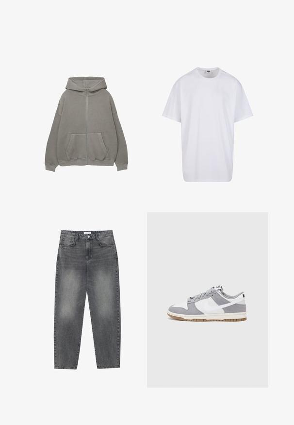 Hanorac gri cu fermoar, cu o glugă mare, croială oversized, buzunare tip kangaroo și manșete și tiv răsucite. Material moale, gros, cu cusături minime.; Tricou alb din bumbac cu mâneci scurte, decolteu rotund, croială lejeră și fără logo-uri sau modele vizibile. Textură netedă și design minimalist.; Jeans cu talie înaltă, lejere, din denim negru estompat. Caracteristici: cinci buzunare, bucle pentru curea și un design curat cu picior drept.; Sneaker gri și alb, cu un superior din suede și piele, vârf rotund, șireturi plate și o talpă din cauciuc ce prezintă un accent de culoare gum.