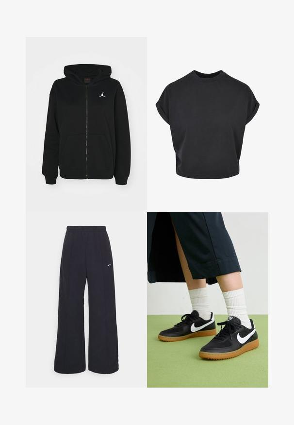 Fekete cipzáras kapucnis pulóver pamut keverékből. Jellemzői a kapucni, elülső zsebek és egy fehér Jumpman logó a mellen. Puha tapintású.; Fekete, rövid ujjú, pamutból készült croppolt póló, roll-up ujjal és kerek nyakkivágással. Sima textúra és minimalista dizájn.; Fekete, bő szárú nadrág rugalmas derékpánttal és egy kis fehér Nike logóval. Anyaga sima tapintású, kényelmes és mindennapi viseletre lett tervezve.; Fekete bőr és szintetikus sneakers, fehér Nike logo-val, gumi talppal, kerek orral és fekete fűzővel. Csíkos fehér zokni látható.