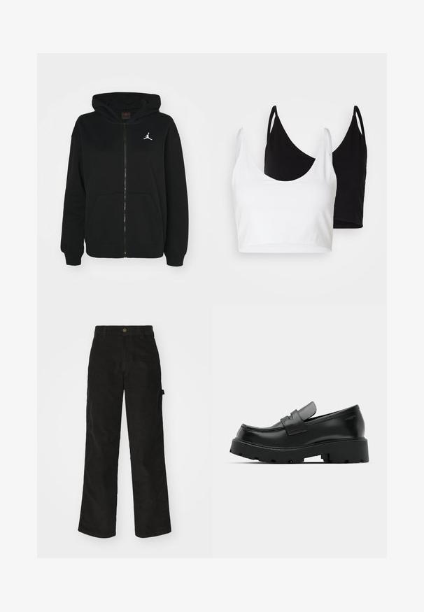 Zwarte rits hoodie van een katoenmix. Heeft een capuchon, voorzakken en een wit Jumpman-logo op de borst. Zachte textuur.; Twee katoenen crop tops in wit en zwart. Elke top heeft een diepe halslijn en dunne schouderbandjes, met een gladde, zachte textuur.; Zwarte corduroy broek met een recht-pijpen ontwerp, voorzien van een knoopsluiting en zijzak. Gladde textuur met fijne verticale strepen.; Zwarte leren instappers met een chunky, gestructureerde zool, voorzien van een band over de voet en een gladde, gepolijste afwerking.