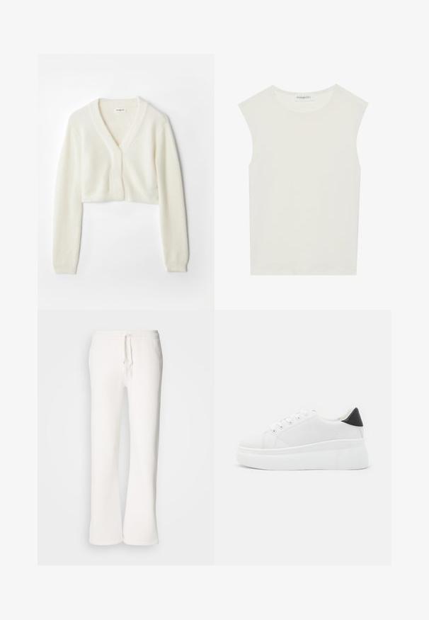 Kort jasje van zachte witte stof met een v-halsontwerp, lange mouwen en textuurdetail, voorzien van een knoopsluiting aan de voorkant.; Witte mouwloze top met een ronde halslijn. Gemaakt van gladde stof, het heeft een losse pasvorm en een minimalistisch ontwerp. Geen patronen of accenten.; Witte, relaxed-fit joggingbroek van zachte stof, met een elastische tailleband en een trekkoord, en een rechte pijp.; Witte platform sneakers van glad synthetisch materiaal, met een afgeronde neus, vetersluiting en een gestructureerde rubberen zool. Zwarte hielaccent.