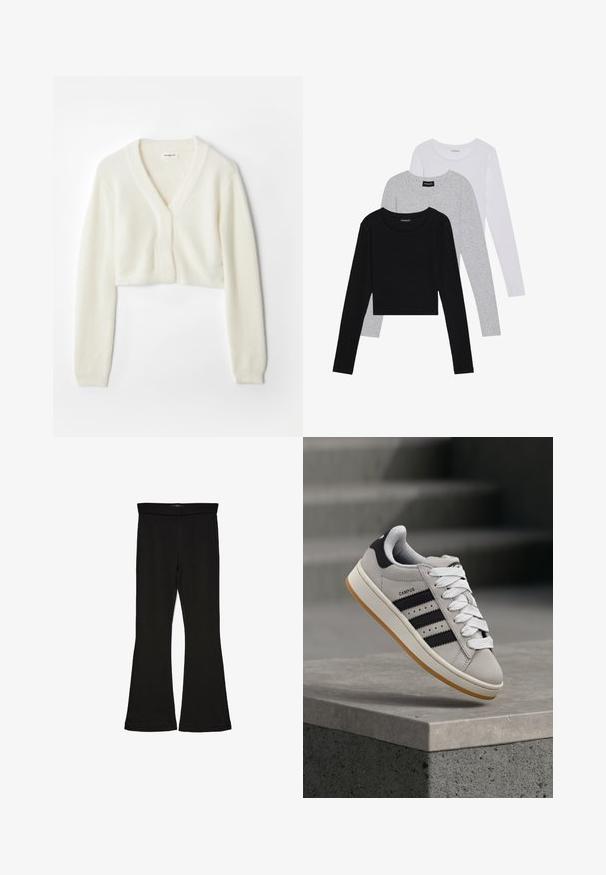 Korth cardigan i myk hvit stoff med v-halsdesign, lange ermer og strukturert detalj, med knappelukking foran.; Tre lange ermer t-skjorter stablet: svart, grå og hvit. Hver har en rund hals og et kort design med glatt, lett stoff.; Sorte flared leggings laget av stretchy stoff. Har en bred midjebånd og en glatt tekstur, med en tettsittende silhuett som blir videre nedover.; Grå Adidas Campus-sneakers med svarte striper og hvite lisser som svever over en betongkant med trapper i bakgrunnen.