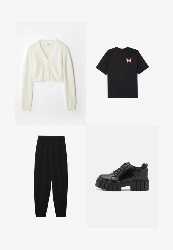 Lühendatud kardigan pehmest valgest kangast, millel on V-kujuline kaelus, pikad varrukad ja tekstuuriga detailid, ees nuppude kinnitusega.; Must muströöpidega must puuvillane T-särk, vasakul rinnal on väike roosa liblikas. Ümar kaelus ja vabalt istuv lõige.; Mustad, kerge kangas püksid elastse vöökoha ja kokku volditud pahkluudega. Kanga pind on sile ja disain on lõdvestunud, kitsenev.; Must musta platvormsussid paksu plokkninal, ümmarguse varbaga ja traditsioonilise nööridega kinnitamisega. Sussid on sileda tekstuuriga ja minimaalsete detailidega.