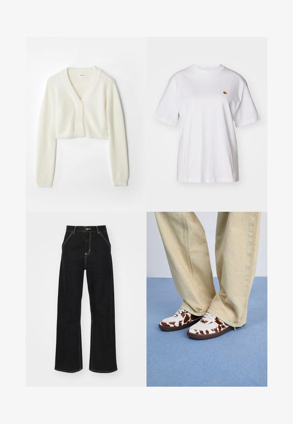 Cropped cardigan in soft white fabric with a v-neck design, long sleeves, and textured detail, featuring a button closure at the front.; White cotton t-shirt with a relaxed fit, short sleeves, and a small embroidered logo on the left chest area.; Black wide-leg jeans made of denim, featuring contrasting white stitching and a front button closure, with two angled front pockets.; White and brown patterned sneakers with mesh and leather, featuring brown rubber soles. Paired with light beige wide-leg pants.