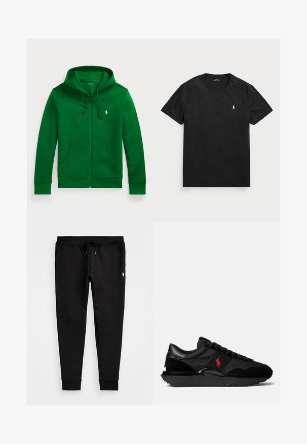 Sweatshirt verde com fecho zip, capuz ajustável, bolsos tipo pouch, punhos canelados e um pequeno logo branco de polo no peito. Tecido macio e texturizado.; T-shirt preto de manga curta feito de algodão com decote redondo, apresentando um pequeno logo dourado de polo na área do lado esquerdo do peito.; Calças de ganga pretas feitas de tecido macio, com uma cintura ajustável por cordão, punhos ajustados e um pequeno logótipo branco na perna esquerda.; Sapatilhas desportivas pretas com uma combinação de materiais em camurça e têxtil. Destaca-se um logotipo vermelho e uma sola exterior em borracha texturizada.