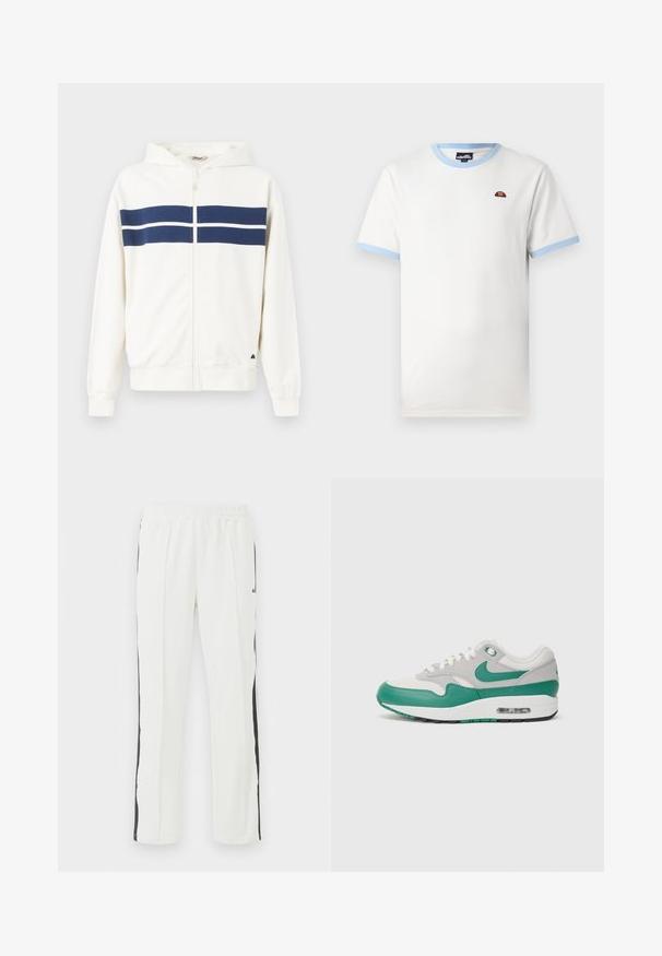 Hvit hettejakke med marineblå horisontale striper over brystet og på ermene. Har en hette og ribbestrikkede mansjetter ved håndleddene.; Hvit bomulls T-skjorte med lyseblå ribbestrikket krage og ermekanter. Har en liten rød og oransje logo på brystet. Klassisk passform.; Hvite treningsbukser med elastisk liv, med svarte sidelister, rett ben design og glatt stoffstruktur.; Nike Air Max 1-sneakers med grå mesh-overdel, grønne lærre detaljer, hvite snøringer og en synlig luftenhet i sålen.