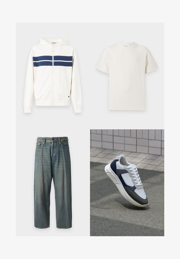 Bijela zip-up hoodie s tamnoplavim horizontalnim prugama preko prsa i na rukavima. Ima kapuljaču i rebraste rukave na zapešćima.; Bijela kratka majica s kratkim rukavima u rebrastoj teksturi. Okrugli izrez, ležeran kroj, bez vidljivih uzoraka ili akcenta. Jednostavan i svestran dizajn.; Svijetloplave traperice s širokim krojem, srednjim pojasom i ravnim nogavicama. Ima pet džepova, petlje za remen i kopčanje na gumb.; Bijela, mornarsko plava i siva tenisica s dizajnom od miješanih materijala, koja ima teksturirani gornji dio, ravne vezice i udoban đon.