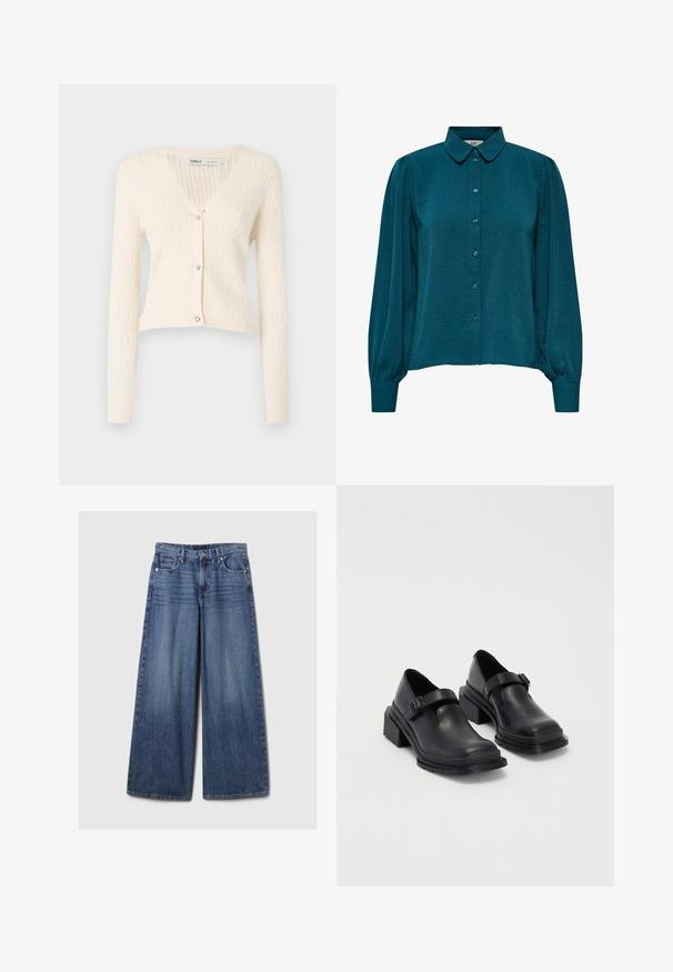 Cream-colored knitted cardigan with a v-neck, long sleeves, and heart-shaped button accents. Features a textured rib pattern and cropped design.; Teal blouse with a collared neckline, button front, and long sleeves. Made from textured fabric with gathered cuffs.; Wide-leg blue denim jeans with a faded finish, featuring a button and zipper closure, five pockets, and belt loops.; Black leather shoes with a rounded toe, flat sole, and a strap with a buckle detail. Chunky block heel for added stability.