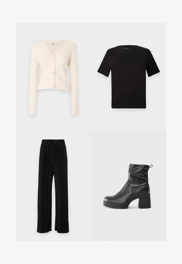 Valkoinen neulecardigan, jossa on V-pääntie, pitkät hihat ja sydämenmuotoiset napit. Siinä on teksturoitu ribbikuvio ja lyhyt malli.; Musta lyhythihainen t-paita pyöreällä kaula-aukolla, valmistettu pehmeästä puuvillakankaasta. Yksinkertainen malli, ei näkyviä logoja tai kuvioita.; Mustat pleatatut housut, joissa on joustava vyötärö. Ominaisuuksiin kuuluvat leveät lahkeet ja sileä, teksturoitu kangas, jossa on pystysuoria raitoja.; Mustat nilkkurit, jotka on valmistettu sileästä nahasta. Niissä on sivuvetoketju, paksu teksturoitu korko ja pyöristetty kärki.