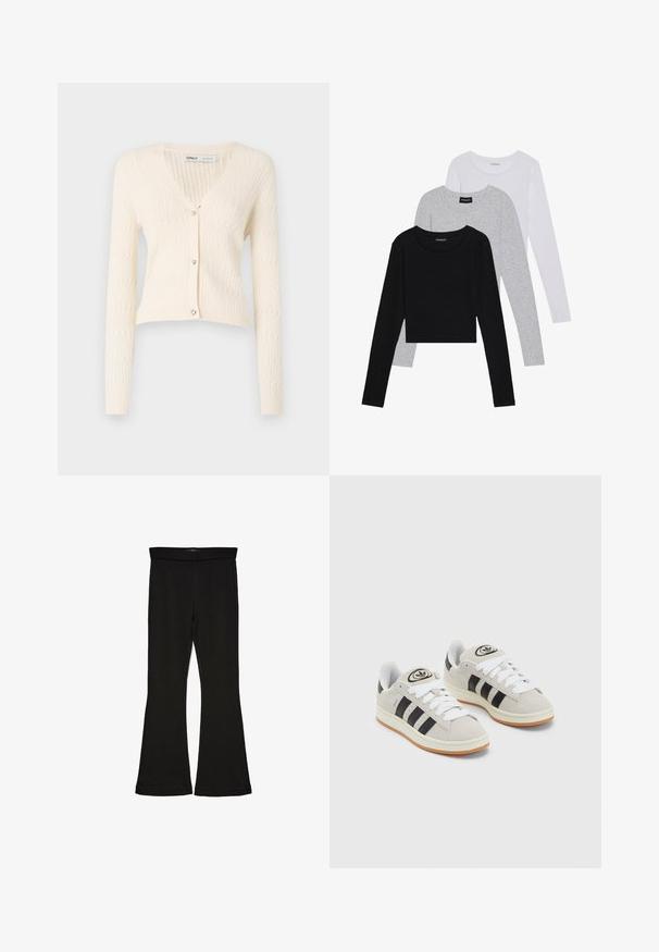 Kreemjas tooni kootud kardigan V-kaelusega, pikkade varrukatega ja südamekujuliste nupudega. Omab tekstuurset ribakujundust ja lühendatud disaini.; Kolm pikkade varrukatega toppi, mis on üksteise peale asetatud: must, hall ja valge. Igal ühel on ümar kaelus ja lühike disain, valmistatud siledast, kergekaalulisest kangast.; Mustad mustad sääred, mis on valmistatud venivast kangast. Omab laia vööd ja siledat tekstuuri, sobituv siluett, mis laieneb allservas.; Hallid hallid nahkrennid valgete paeltega, mustade triipudega ja valge kummitaldiga. Omab ümmargust logo keeles ja kummitalda.