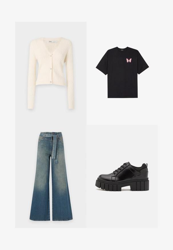 Kreminė megzta kardiganas su V-formos iškirpte, ilgomis rankovėmis ir širdelės formos sagomis. Turi tekstūruotą juostelę ir trumpą dizainą.; Juodas medvilnės marškinėliai trumpomis rankovėmis, su maža rožine drugelio grafika kairėje krūtinės pusėje. Apvalus kaklo iškirpimas, laisvas kirpimas.; Platus džinsinis kelnes su šviesiai tamsiai mėlynu gradientu, aukštu juosmeniu, diržo kilpomis ir atitinkančiu audinio diržu. Textūruotas džinsinis paviršius.; Juodi odiniai platformos batai su masyviu blokuota kulniuku, apvalia nosimi ir tradiciniu šnypštimo dizainu. Turintys glotnų paviršių ir minimalų dekoravimą.