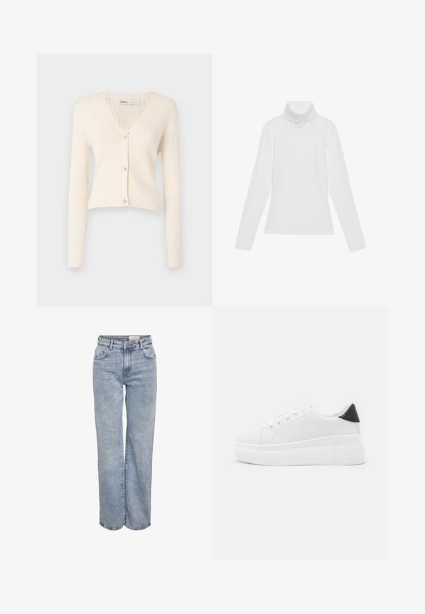 Cremefarbener, gestrickter Cardigan mit V-Ausschnitt, langen Ärmeln und herzförmigen Knopfakzenten. Verfügt über ein strukturiertes Rippmuster und eine verkürzte Passform.; Weißes Langarm-Turtleneck-Oberteil aus glattem, elastischem Stoff. Mit hohem Kragen und tailliertem Schnitt, ohne sichtbare Muster oder Verzierungen.; Hellblau weite Jeans aus Denim, mit hoher Taille, fünf Taschen-Design und subtilen Ausbleichungen für einen eingesessenen Look.; Weiße Plateausneaker aus glattem Kunstmaterial, mit runder Zehenform, Schnürdesign und einer strukturierten Gummisohle. Schwarzer Fersenakzent.