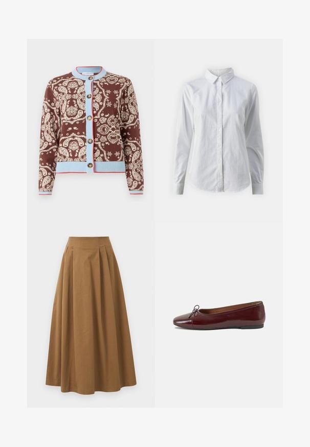 Brun cardigan med vitt paisleymönster, ljusblå detaljer och röda accenter. Har fem knappar samt ribbade ärm- och nederkanter.; Vit skjorta med knappar, tillverkad av mjuk bomull, med klassisk krage, långa ärmar och en böjd fåll. Knapparna är små och vita.; Brun bomull A-linje kjol med hög midja, med veck ned längs framsidan och en mjuk textur. Sömmen är ren och enkel.; Burgunderfärgad lackläderballettskor med rund tå, liten rosettdekoration fram och en låg, svart gummisula. Slät textur.