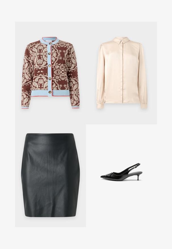 Hnedý cardigan s bielym paisley vzorom, svetlomodrými detailmi a červenými akcentmi. Obsahuje päť gombíkov a rebrované manžety a spodný lem.; Béžová saténová košeľa s dlhým rukávom, s golierom na gombíky, predným zapínaním a zberanými balónovými rukávmi na manžetách. Hladký, lesklý povrch.; Čierna mini sukňa z umelého kože s hladkým povrchom, priliehavým strihom a rovnomerným rezom. Bez viditeľných kovových prvkov alebo ozdôb.; Čierne kožené slingback podpätky s ostrou špičkou, malým podpatkom a dekoratívnym uzlom vpredu. Hladký povrch po celom obvode.