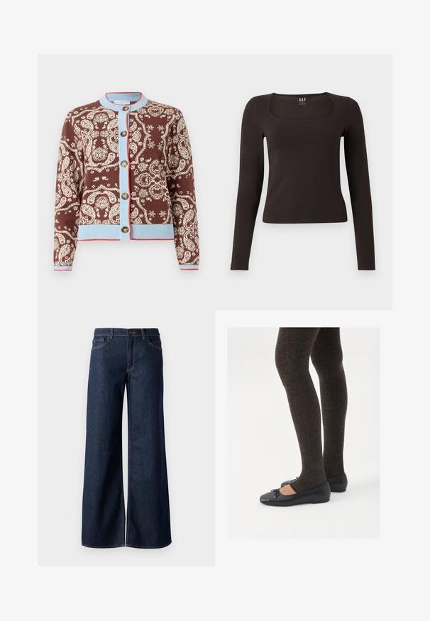 Brūns kardigāns ar baltu paisley rakstu, gaiši zilu apmalīti un sarkano akcentu. Satur piecus pogas un ribotus krustus un apakšmalu.; Melnas garās piedurknes, pieguļošs tops ar kvadrātveida apkakli, ar uzrakstu GAP, novietots uz baltā fona.; Platas kājas džinsi tumši zilā denima krāsā. Iespējas ir kontrastējošās vīles, piecas kabatas un pogu aizdare jostasvietā. Gluda tekstūra.; Melnas plakano formas kurpes ar mazu loku uz pirksta, apvienotas ar tumši brūnām ribotām zeķubiksēm. Kurpēm ir gluda tekstūra un zems profils.