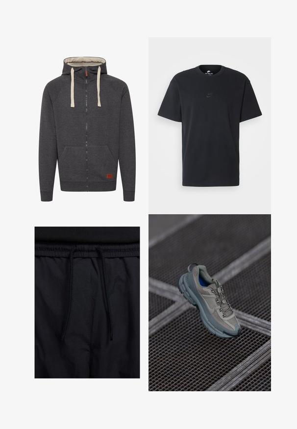 Gray zip-up hoodie made of soft fabric. Features a lined hood, cream drawstrings, front pockets, and a small leather logo patch on the hem.; Nike black cotton t-shirt with a classic crew neck, short sleeves, and a subtle, embossed logo on the chest. Smooth texture.; Black shorts featuring a drawstring waistband, lightweight fabric with a smooth texture, and a simple design without visible logos or patterns.; Beige and gray athletic shoe with textured mesh upper, rounded toe, and rubber sole, featuring laces and a padded collar.