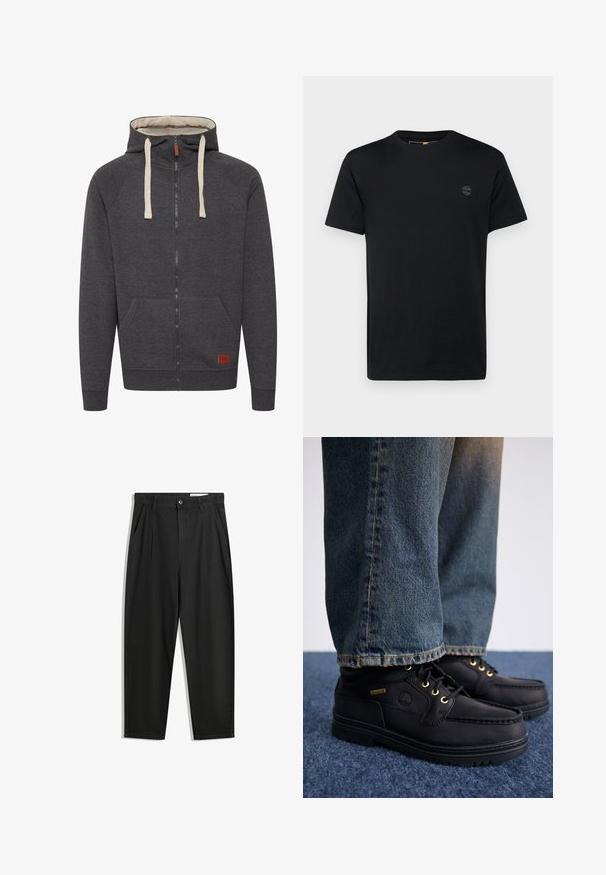 Sweat à capuche zippé gris en tissu doux. Comprend une capuche doublée, des cordons crème, des poches avant et un petit patch en cuir avec logo sur l'ourlet.; T-shirt en coton noir avec col rond, manches courtes et un petit logo brodé sur la poitrine. Texture lisse, coupe classique.; Pantalon en coton noir avec une coupe décontractée, dotés d'une taille classique, de plis à l'avant et de poches latérales. Texture lisse sans motifs.; Chaussures en cuir noir avec œillets dorés et finition texturée, associées à un jean en denim bleu. Les chaussures présentent une semelle superposée et un détail de marque.