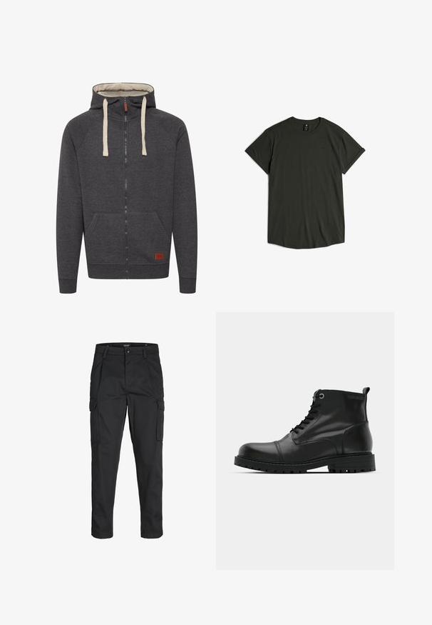 Szara bluza z kapturem zapinana na zamek, wykonana z miękkiego materiału. Posiada podszyty kaptur, kremowe sznurki, kieszenie z przodu oraz małą skórzaną naszywkę z logo na dolnym szwie.; Ciemnozielona koszulka z krótkim rękawem, wykonana z gładkiego materiału, z okrągłym dekoltem i subtelnym logo na klatce piersiowej. Okrągły dół.; Czarne spodnie cargo wykonane z wytrzymałego materiału, z wieloma kieszeniami, zapięciem na guzik oraz zwężanym krojem nogawek.; Czarne skórzane botki za kostkę z okrągłym noskiem, sznurowane, z kontrastującymi szarymi oczkami i solidną gumową podeszwą. Gładka tekstura z minimalnymi akcentami.