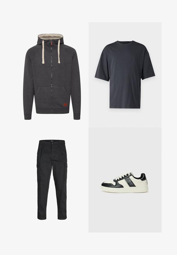 Harmaa vetoketjullinen huppari, joka on valmistettu pehmeästä kankaasta. Siinä on vuorattu huppu, kermaiset narut, etutaskut ja pieni nahkainen logopatchi hemissä.; T-paita, jossa on lyhyet hihat, tummanharmaa ja valmistettu kevyestä puuvillasta. Mallissa on avara istuvuus ja klassinen pyöreä kaula-aukko, ja se on yksinkertainen ilman kuvioita.; Mustat cargo-housut, jotka on valmistettu kestävästä kankaasta. Housuissa on useita taskuja, nappisulku ja kapea istuvuus, jossa on kapenevat lahkeet.; Nahkakengät musta-kerma värimaailmassa, joissa on rei'itetyt yksityiskohdat, pehmustettu nilkkaosa ja teksturoitu pohja.