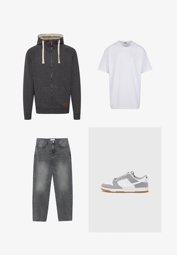 Siva zip-up kapuca izdelana iz mehkega materiala. Ima podloženo kapuco, kremne vrvi, sprednje žepe in majhno usnjeno oznako na robu.; Bela bombažna majica s kratkimi rokavi, okroglim izrezom, sproščenim krojem in brez vidnih logotipov ali vzorcev. Gladka tekstura in minimalen dizajn.; Visoko pasovi, široke kavbojke iz obledelog črnega denima. Imajo pet žepov, zanke za pas in čisto, ravno obliko nog. ; Nike superge imajo zgornji del iz sivega semiša in bele usnjene tkanine z luknjicami, okroglimi vezalkami in gumijastim podplatom za oprijem.