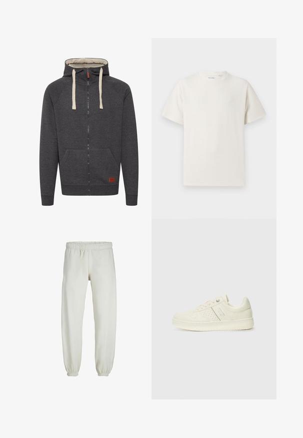 Grijze zip-up hoodie van zacht materiaal. Bevat een gevoerde capuchon, crèmekleurige koorden, voorzakken en een klein leren logo label op de zoom.; Witte korte mouwen T-shirt met ribbelstructuur. Ronde hals, ontspannen pasvorm, geen zichtbare patronen of accenten. Eenvoudig en veelzijdig ontwerp.; Witte sweatpants gemaakt van zachte stof, met een elastische tailleband en boorden, een gladde textuur en een losvallend ontwerp.; Crème-kleurige sneaker met geperforeerde details, veters en een logo aan de zijkant, weergegeven tegen een eenvoudige witte achtergrond.