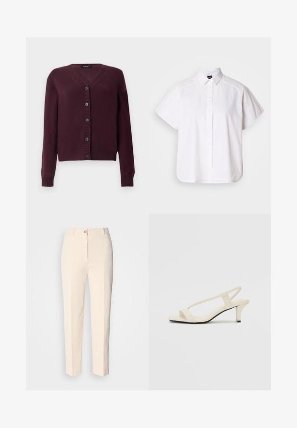 Burgundi spalvos kardiganas pagamintas iš tekstūruoto audinio, su V formos iškirpte, ilgomis rankovėmis ir šešiais tamsiais mygtukais priekyje. Raukiniai rankogaliuose.; Balta trumpomis rankovėmis marškinėlių su atlenkiamu apykakle ir kreiva apačia. Pagaminta iš medvilnės, su sklandžiu paviršiumi ir be matomų raštų.; Kreminės spalvos, aukštu liemeniu kelnės, pagamintos iš tekstūruoto audinio. Turi priekinį mygtuko užsegimą ir siaurėjantį kirpimą.; Kreminės blokų kulno šlepetės su plonomis dirželiais ir kvadratiniu pirštu. Lygus medžiaga su minimaliais akcentais, sukurtos lengvam dėvėjimui.